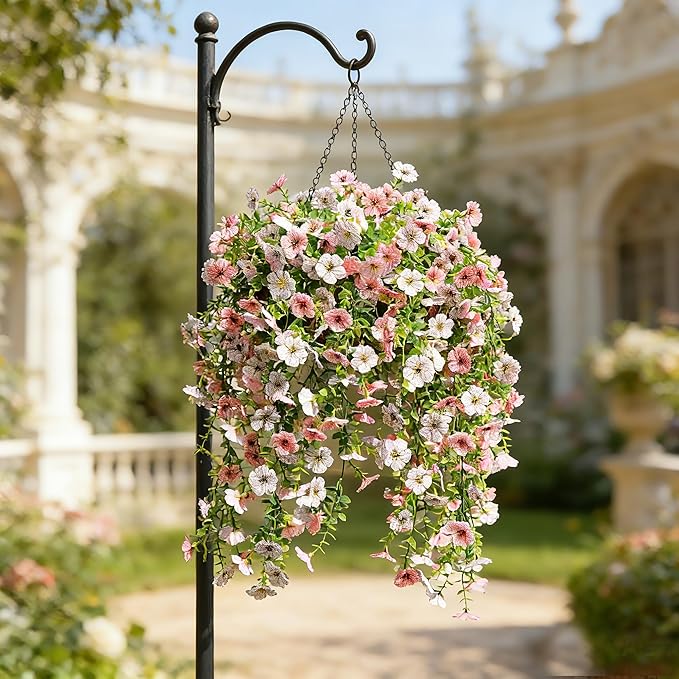 Artificial Flowers for Outdoors Spring Decor, 6 Bundles UV Resistant Realistic Faux Silk Hanging Flowers, Fake Plants for Planter Indoor Outside Garden Porch Patio Balcony Yard (Pink White)