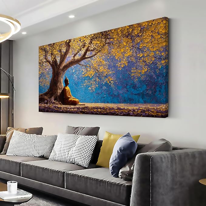Ggaafet Gold Buddha Wall Art for Living Room Canvas Painting Prints Golden Tree Buda Calming Buddhist Art Deco Fantasy Artwork Office Bedroom Listening Dining Room Decor Extra Large