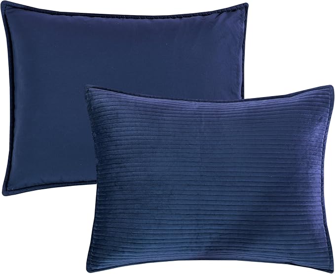Elegant Comfort Luxury 3-Piece Velvet Corduroy Stripe Quilt Set, Ultra Soft Bedspread - Cozy Velvet Coverlet Set - 3PC Medium Weight Quilted Set with Matching Pillow Shams, King, Navy Blue