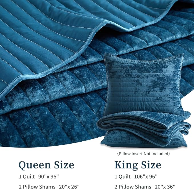 Luxury Soft Velvet Quilt Set Queen Size - Lightweight Velvet Bedding Set for All Season, Oversized Bedspread Coverlet Comforter Set with 2 Pillow Shams, Blue, Striped