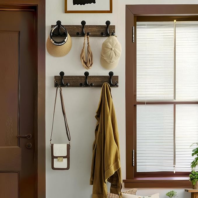 WEBI Coat Rack Wall Mount,17" Solid Wood Coat Hooks Wall Mounted Coat Hanger,16" Hole to Hole,Heavy Duty Hook Rack Rail,3 Triple Hooks for Hanging Coats,Jacket,Clothes,Hat,Backpack,Weathered Brown