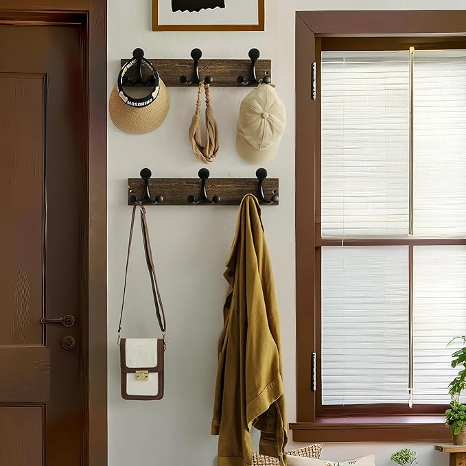 WEBI Coat Rack Wall Mount,17" Solid Wood Coat Hooks Wall Mounted Coat Hanger,16" Hole to Hole,Heavy Duty Hook Rack Rail,3 Triple Hooks for Hanging Coats,Jacket,Clothes,Hat,Weathered Brown,2 Packs
