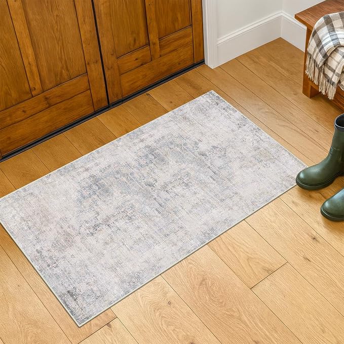 Light Blue 2x4 Runner Rug for Bathroom, Entryway Indoor, Kitchen Floor Waterproof, Powder Room, Washable Non Slip Low Pile Stain & Fade Resistant, Modern Eclectic Dusty Blue Décor