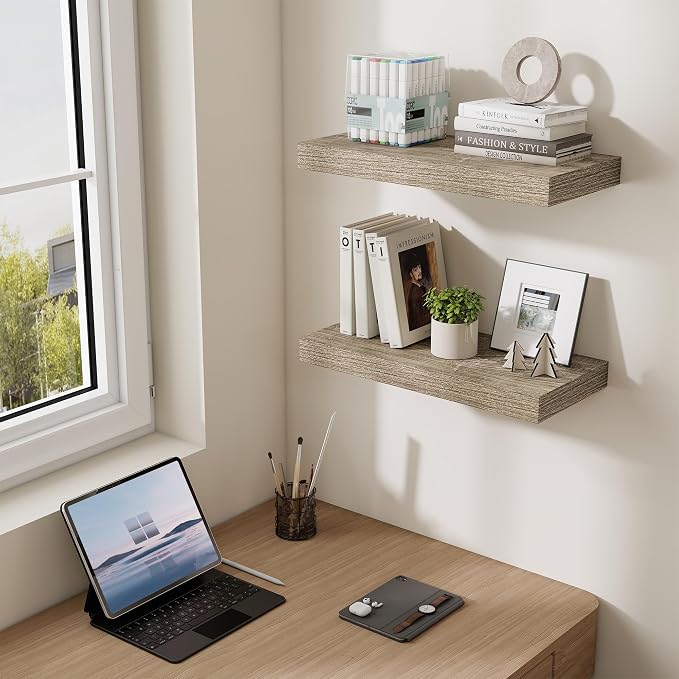Dreamland 20Inch Floating Shelves for Wall 6.7" Deep Grey Set of 2 | Wall shelves for bathroom, bedroom, Living Room, kitchen, deep wall mount wood storage display for home decor 20" x 6.7"