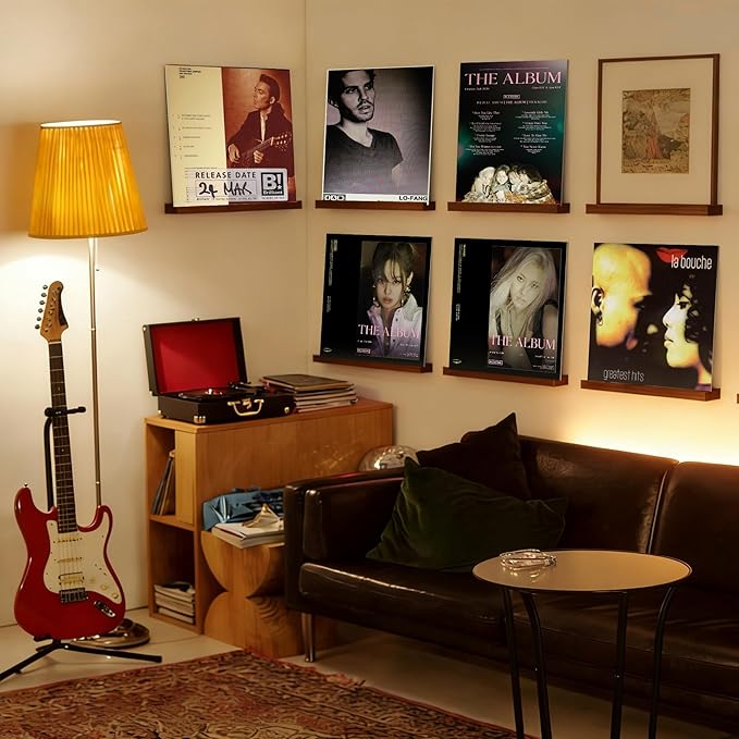Vinyl Wall Mount No Drill with 2 Mount Options(Adhesive & Screws), 6 Pack Solid Walnut Wood Record Display No Screws, Record Shelves for Wall, Album Magazine, Record Shelf, Vinyl Holder Wall