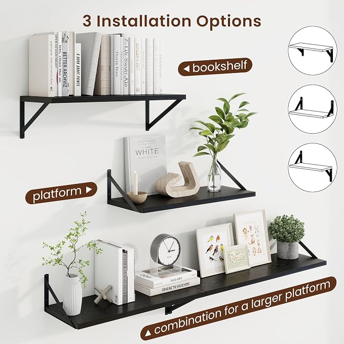 Axeman 10 Inch Deep Black Floating Shelves for Wall Set of 2 | 24 Inch Black Wood Shelves for Books, 24'' x 10'' Black Shelves for Living Room Bathroom Kitchen