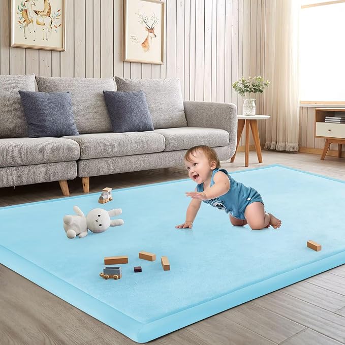 Baby Play Mat for Floor Nursery Muscle Mat Area Rug Playroom Rug 71x79" Elastic Foam 1.3" Thick Crawling Mat for Babies,Toddlers(Ice Blue)