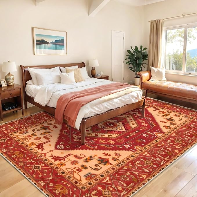 SERISSA Washable Rugs 8x10 Area Rugs, Large Non-Slip Boho Living Room Rug, Ultra Soft Oriental Vintage Red Print Distressed Carpet for Dining Room Bedroom Dorm Office Home Decor