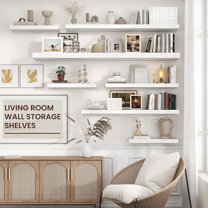 55" Wide x 10" Deep Floating Shelves for Wall, White Finish, 1-Pack | Engineered Wood Wall Shelves with Invisible Brackets for Living Room, Bedroom, Bathroom, Office & Kitchen Storage