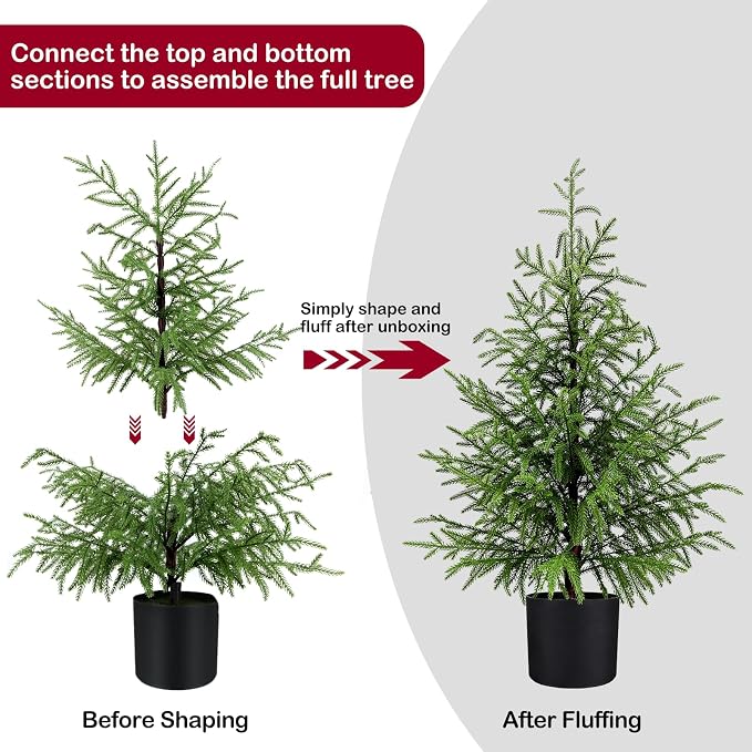 ENVEN Outdoor Artificial Topiary Cedar Tree Real Touch Faux Pine Evergreen Shrub Plant UV Resistant Greenery Tree with Pot Realistic Cypress Front Porch Decor (3FT-1Pack Nofolk Pine)