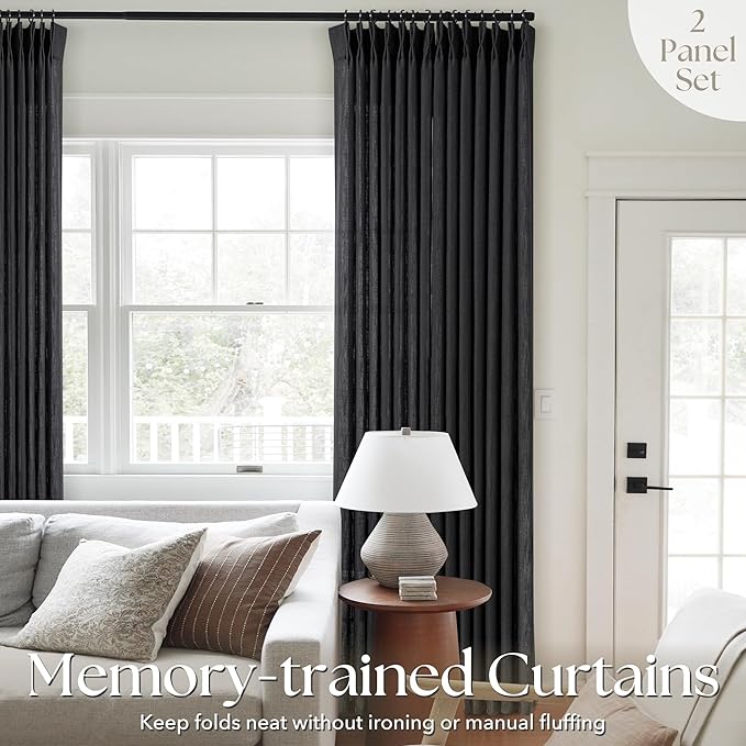 Pinch Pleated Black Curtains 120 inches Long 2 Panels for Living Room Textured Semi Sheer Pinch Pleat Linen Drapes 120 Inch Length with Hooks Rings Black Sliding Door Curtain Light Filtering 10 ft