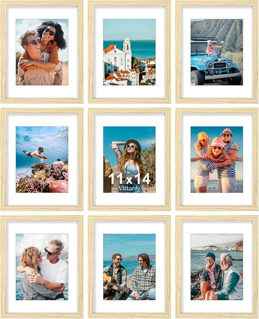 Vittanly 11x14 Picture Frames Set of 9, Shatter Resistant Plexiglass, Display 8x10 Pictures with Mat or 11x14 without Mat, Photo Frames for Wall or Tabletop, Engineered Wood, OAK
