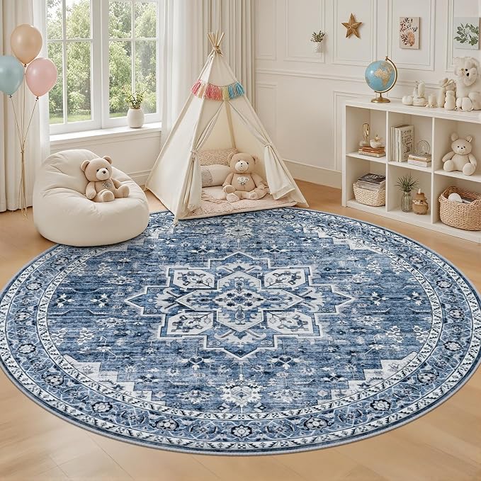 Round Area Rug for Living Room: 4 ft Washable Vintage Boho Soft Thin Circle Rug Indoor Floor No Slip Stain Resistant Carpet for Bedroom Dining Room Farmhouse Nursery Home Office - Blue
