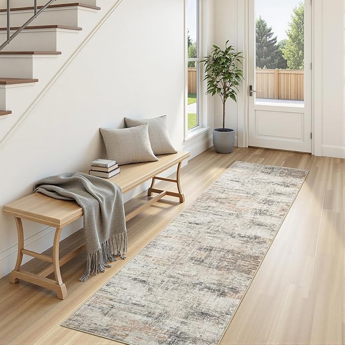 Lofus 2 x10 Area Rug for Hallways, Gold Abstract Washable Runner Rugs with Non Slip Rubber Backing, Low Pile Soft Carpet Runner for Kitchen Bathroom Bedroom Laundry
