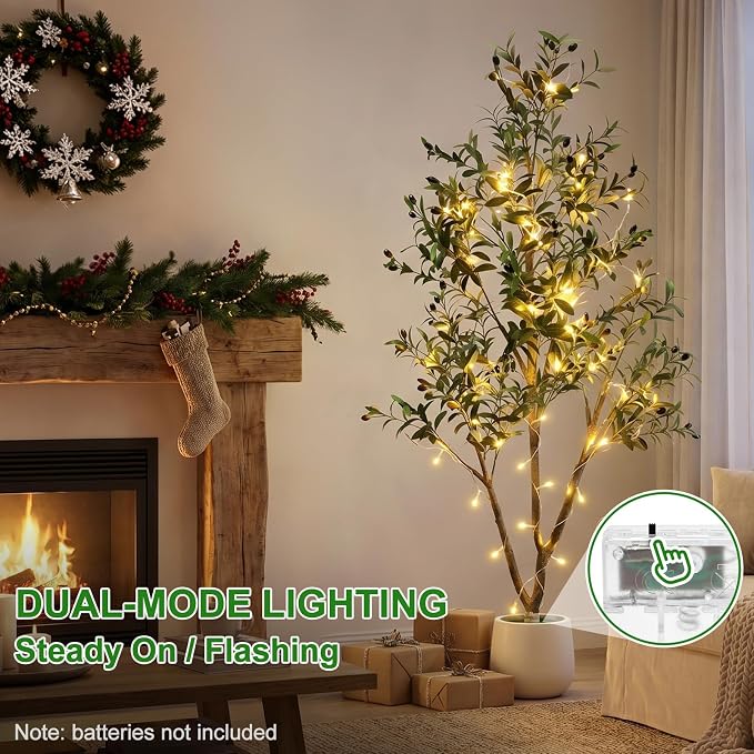 TNELTUEB 6FT Artificial Olive Tree Indoor with Lights & Planter, Realistic Faux Olive Trees with Lifelike Fruits for Living Room Decor, Tall Fake Silk Plants for Modern Home Office