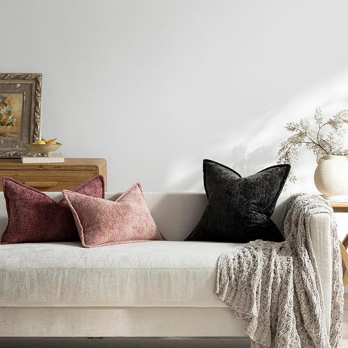 DEZENE Pack of 2 Black Decorative Throw Pillow Covers 22x22 Cozy Soft Chenille Accent Vintage Square Couch Pillow Covers for Home Decor Bed Sofa Living Room