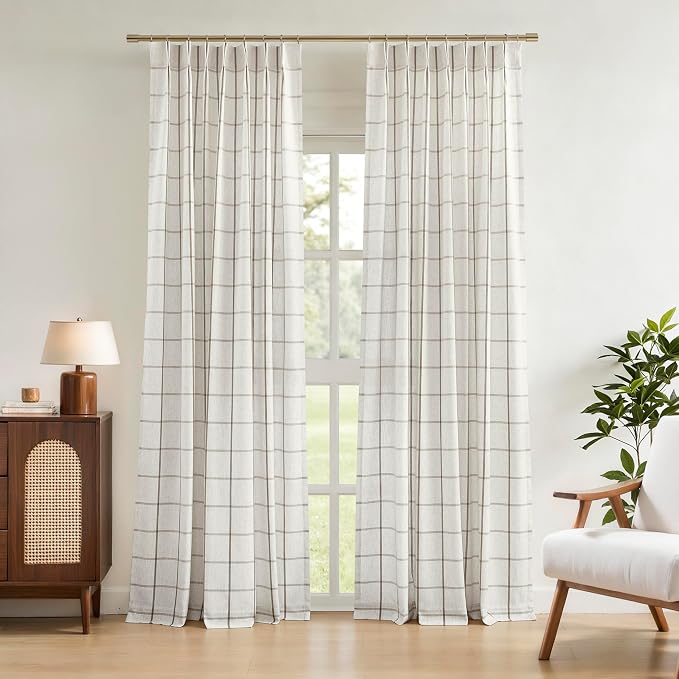 Vision Home Tan Plaid Linen Pinch Pleated Semi Sheer Curtains Checkered Light Filtering Window Panels 95 inches Long for Living Room Bedroom Rustic Pleat Drapes with Back Tab Hooks 40" Wx95 Lx2