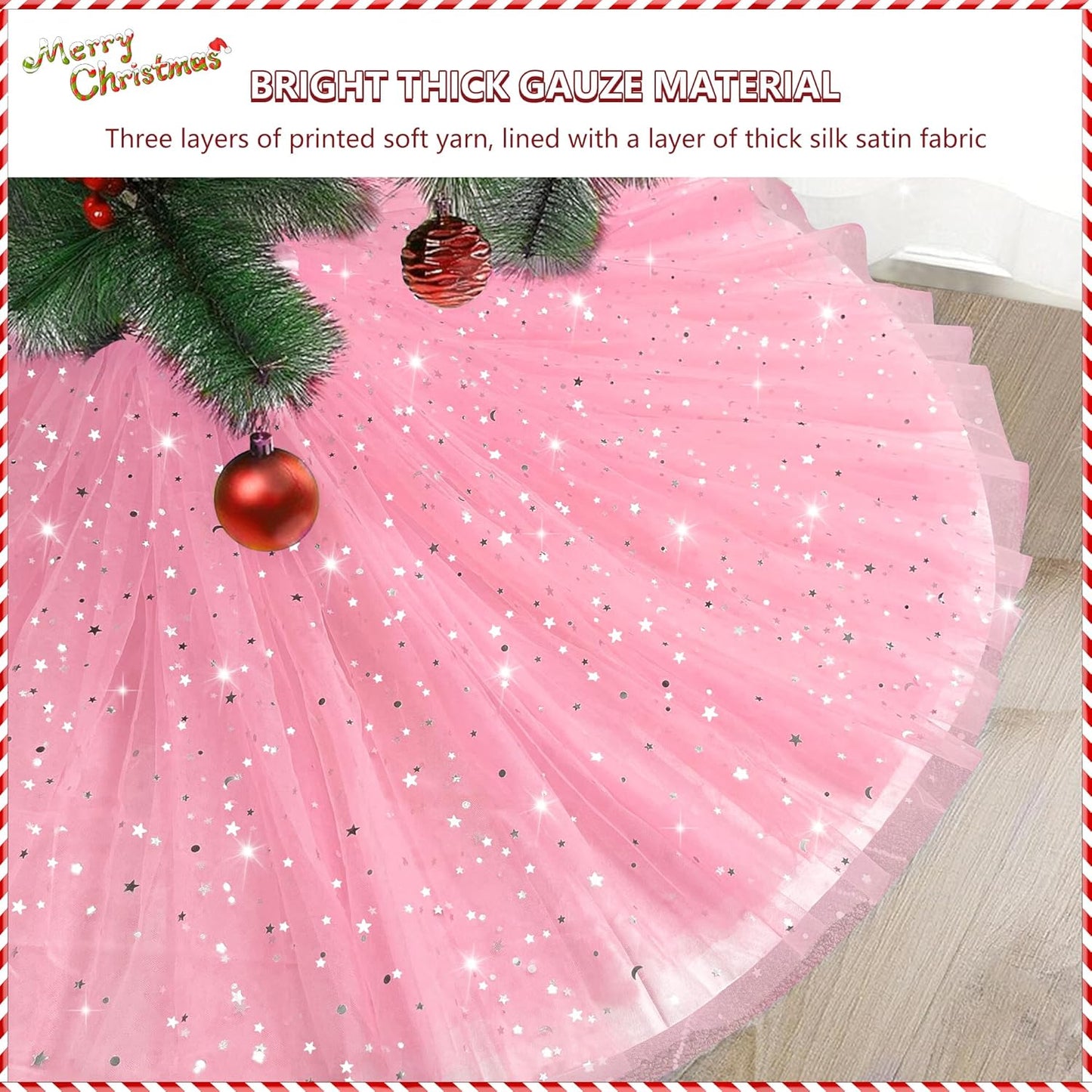 Christmas Wedding Tree Skirt,45 inch 4-Layer Fluffy Romantic Pleated Sparkly Skirt Decoration Xmas Tree Ornament for Holiday and Party(Pink)