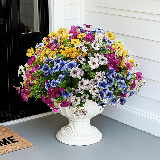 Artificial Fake Flowers for Outdoor UV Resistant,16 Bundles Silk Outside Plants Decoration for Hanging Planters, Daisy Eucalyptus Faux Flower Spring Summer Garden Yard Patio Balcony Home
