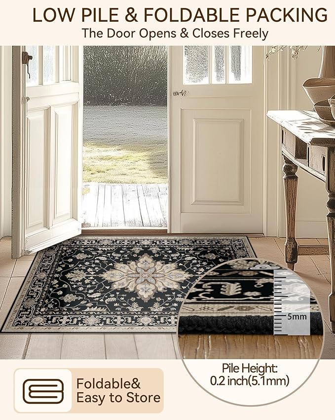 RELEANY Area Rugs 9'x12' Washable Non-Slip, Floral Vintage Distress Print Pattern Medallion Carpet for Living Room Bedroom Dining Room, Black Brown Neutral Dark Tan