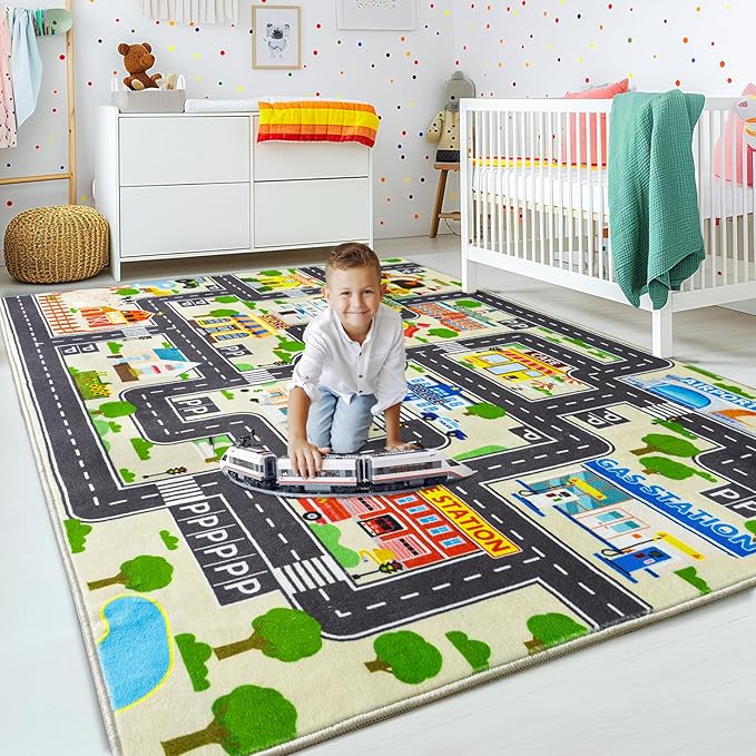 Car Rug Play Mat for Kids Toy Cars, City Road Traffic Playmat for Kid Bedroom, Non-Slip Machine Washable Kids Rugs for Learn and Have Fun 3'x4'/ 36"x48", Beige