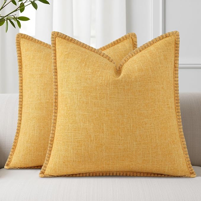 decorUhome Summer Decorative Throw Pillow Covers 26x26 Set of 2 Square Faux Linen Outdoor Neutral Farmhouse Euro Sham Pillow Covers with Stitched Edge for Couch Sofa Living Room, Mustard Yellow
