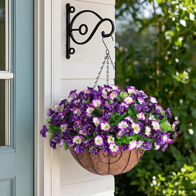 Ammyoo Artificial Hanging Flowers 12 inch Basket, Faux Silk Petunias Flower Arrangement,Coconut Lining Pot Planter with Morning Glories Patio Garden Porch Deck Spring Summer Decor(Purple Edge)