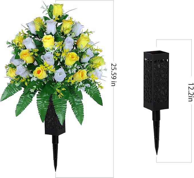 LVXINLI Artificial Cemetery Flowers, Gravesite Decoration Roses, Memorial Bouquets with Cemetery Vase, Vibrant and Long-Lasting Colors (Yellow+White, 2 Bundles)