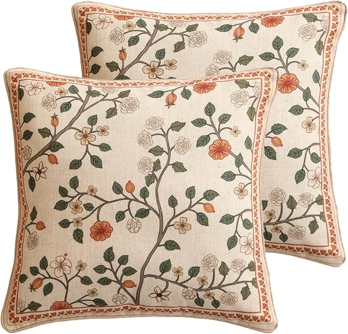 ISAENNE Designer Elegant Linen Throw Pillow Cover,Set of 2,18"x18"-Flora A | French Square Decor Pillow Cover,Concealed Zipper Design,Floral Pattern,Sofa,Bedroom,Living Room,Lounge Chairs