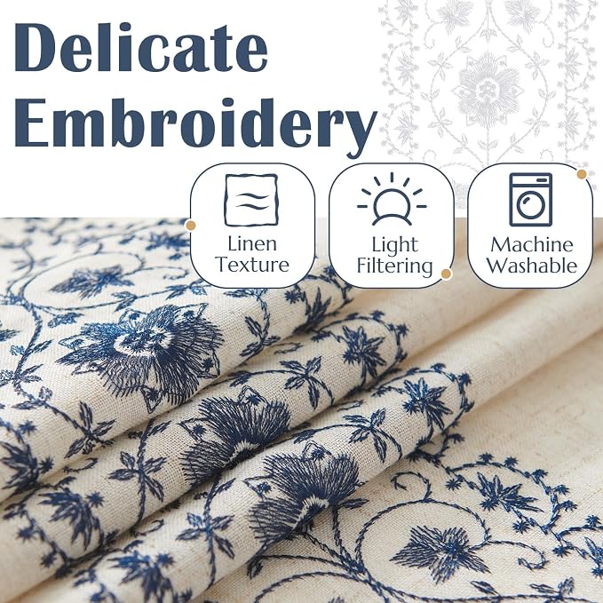 jinchan Weslie Boho Curtains for Bedroom Blue Vintage Floral Farmhouse Curtains 90 Inches Long Linen Drapes for Living Room Embroidered Light Filtering Drapes Rod Pocket Blue on Beige 2 Panels
