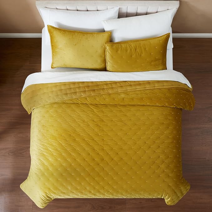 Lush Decor - Quilt Set, 3-Piece Cozy Velvet Bedding with Matching Shams, Embroidered Stitch Design (Haven Mineral Yellow, King/California King)