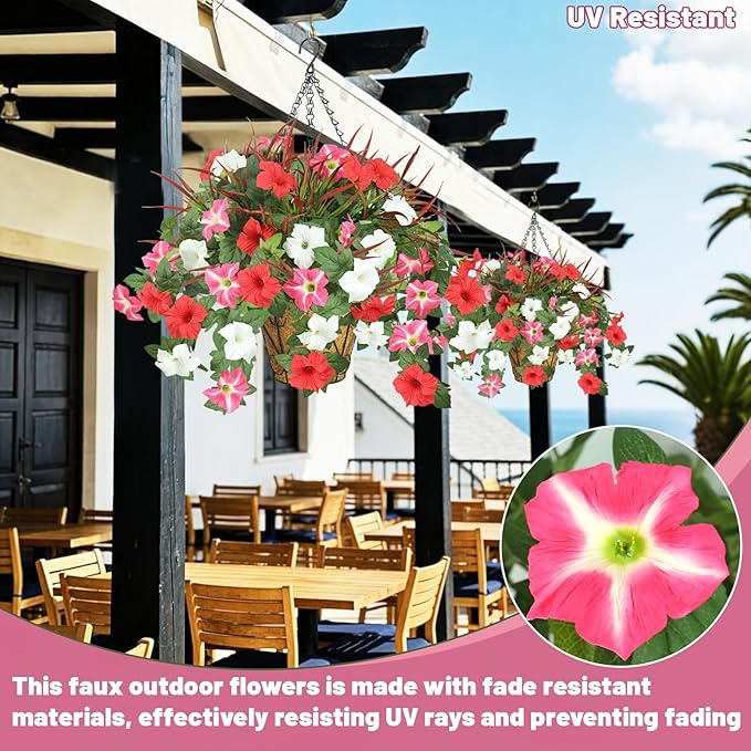 Artificial Flowers Hanging Baskets for Outdoors, 5PCS UV Resistant Faux Outdoor Plants, Fake Petunias Silk Flowers for Garden Balcony Yard Porch Decor (White Red Pink)