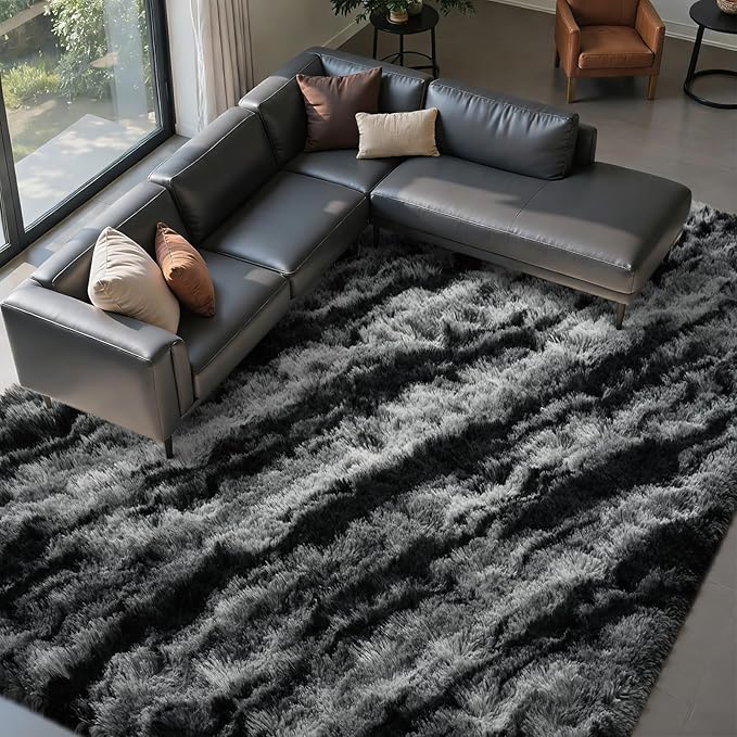 FinRèc 8x10 Rugs for Living Room Bedroom, Tie dye Striped Black Fluffy Shaggy Area Rug, Non-Slip Soft Shag Rug for Nursery Kids Room Dorm Room Home Decor, Indoor Plush Floor Carpet