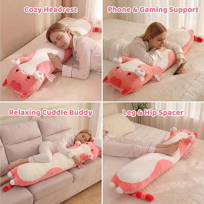 Mewaii Long Cat Plush 5 Sizes, 120% Extra Filling Giant Plushness Kids Body Pillow, Kawaii Cute Pink Cat Stuffed Animals Plushies, Big Long Body Pillow Cat Plush Gift for Girls 44”