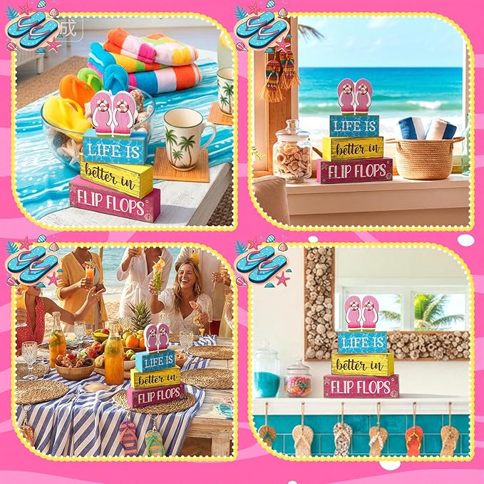 Yuntau 4 Pcs Summer Decorations for Office Hawaii Table Decorations Wooden Sign Flip Flops Table Centerpiece Summer Tiered Tray Decor Decorative Faux Book Stack Block for Coffee Mantel Floating Shelf