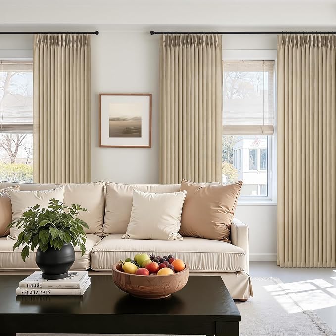 Custom Made Rustic Pinch Pleated Linen Curtains 102 Inches Long for Living Room Bedroom Netural Textured Linen Back Tab Light Brown Memory Trained Pleat Drapes Ceiling Floor Semi Sheer Sliding Door
