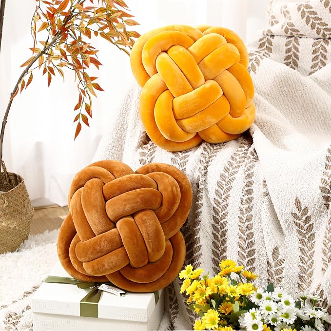 Beeveer 2 Pcs Knot Pillow Balls Set, 12 Inch Soft Decorative Throw Knot Pillow Ball, Large Square Knotted Floor Cushion for Living Room Bedroom Sofa Couch Bed Home Decoration (Caramel Brown, Turmeric)