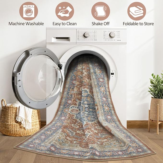 7x9 Area Rug Living Room: Washable Boho Large Neutral Vintage Soft Rug Stain Resistant Farmhouse Non-Slip Indoor Floor Carpet for Bedroom Nursery Kids Playroom Office Dining Room- Red Multi