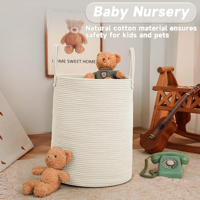 JMvicyroam Large Woven Laundry Basket Hamper,80L Cotton Rope Storage Bin for Blankets,Toys and Clothes,Decorative Tall Nursery Hamper for Living Room,Baby Nursery,Bathroom and Bedroom,White