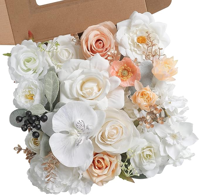 rongflower White Artificial Flowers Combo Silk Mix Fake Flowers Leaf for DIY Wedding Bouquets Centerpieces Arrangements Party Baby Shower Home Decorations