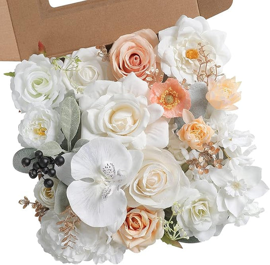 rongflower White Artificial Flowers Combo Silk Mix Fake Flowers Leaf for DIY Wedding Bouquets Centerpieces Arrangements Party Baby Shower Home Decorations