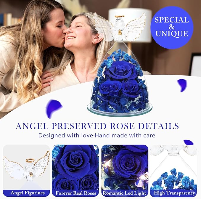 Flowers for Delivery Birthday Gifts for Women Gifts for Mom Grandma Mothers Day Fresh Preserved Flowers Forever Real Roses in Glass Angel Figurines Anniversary Present for Wife Her Friends Daughter