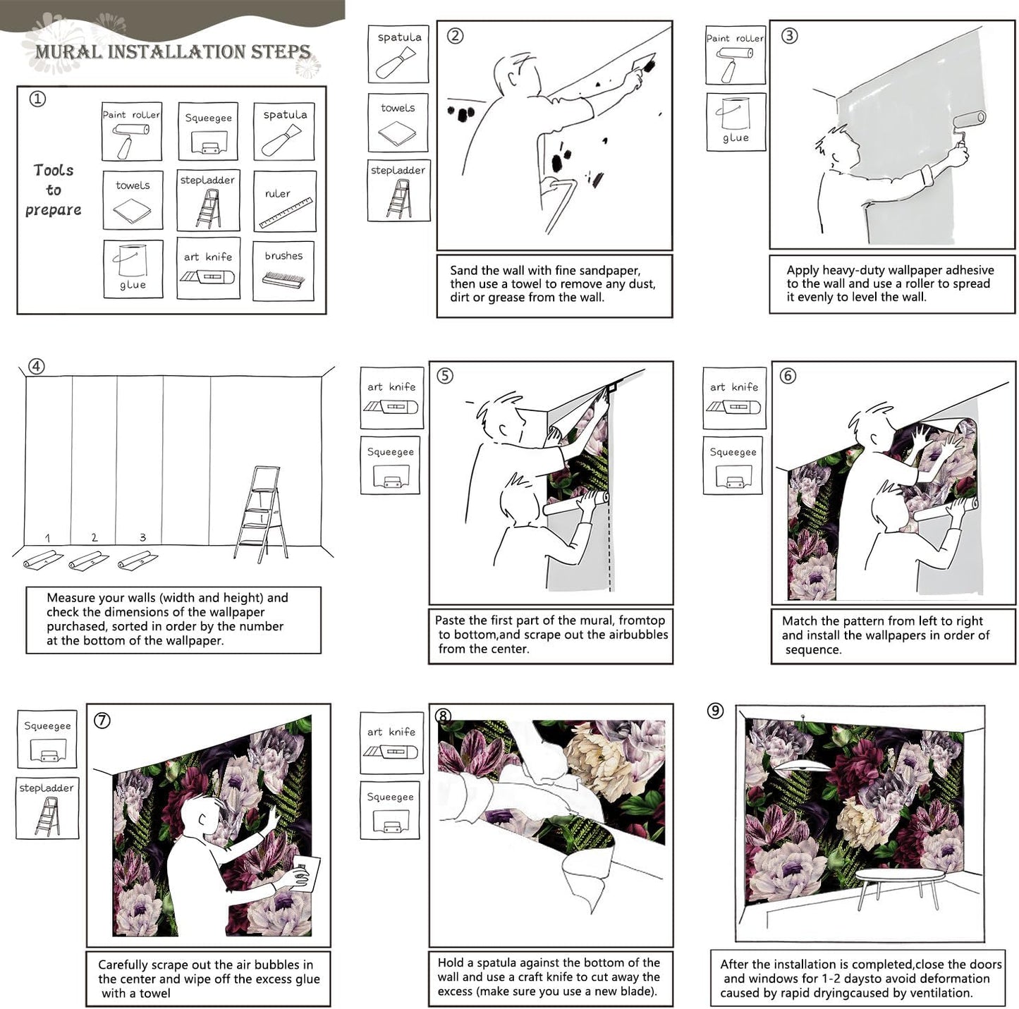 AFZEVEB-Purple Peony Wallpaper Watercolor Floral Wall Mural for Bedroom 114"x74"(Not Peel and Stick)