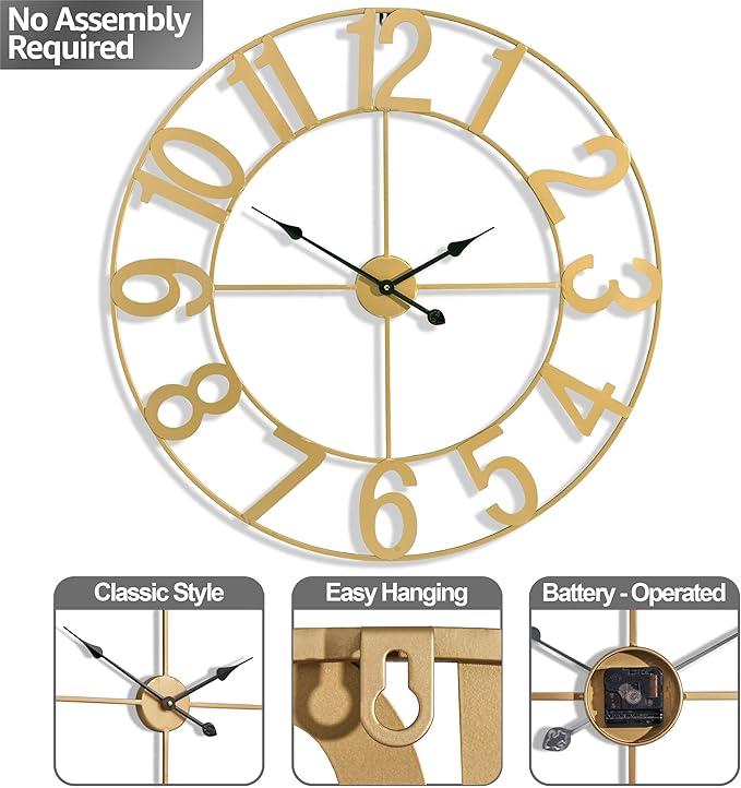 Sorbus Large Wall Clock for Living Room Decor - Wall Clock for Kitchen - 32 inch Big Wall Clock Decorative - Metal Wall Art - Analog Large Clock for Bedroom, Home, Kitchen, Office, Wall Decor (Gold)