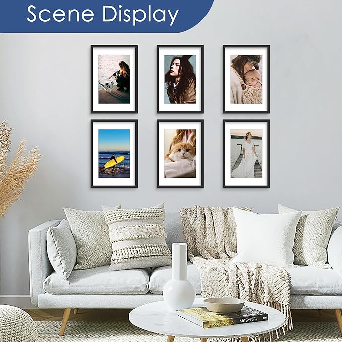 PEALSN 11x15 Picture Frames Set of 6, Display Pictures 8x12 with Mat or 11x15 without Mat for Wall Mounting, Photo Frames Collage for Wall Decor, Black.