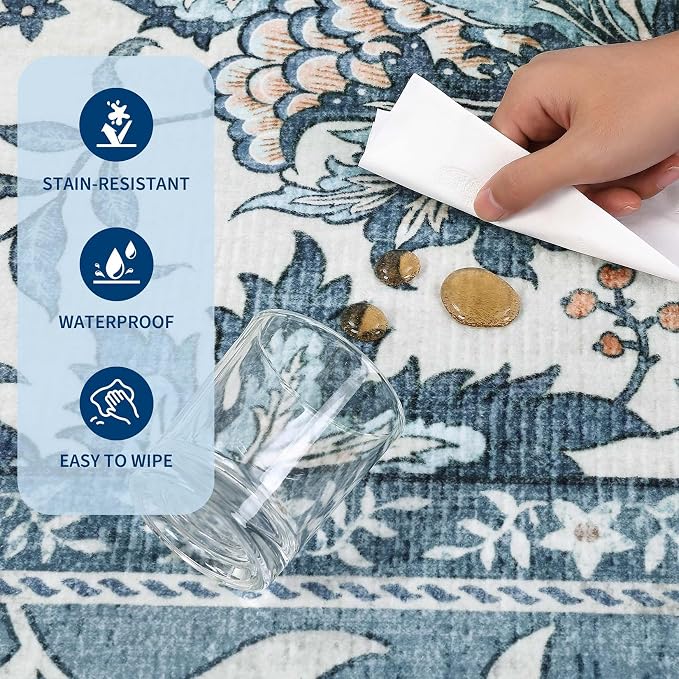 GarveeHome Provence Area Rugs 9x12 Living Room, Botanical Grove Retro Blue Cottagecore Washable Rug for Bedroom Dining Nursery Low-Pile Vintage Large Carpet
