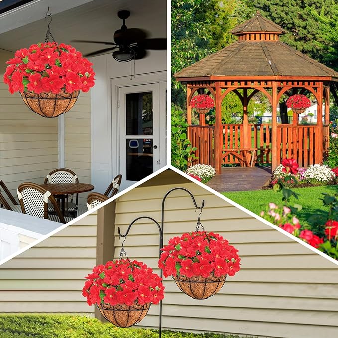 Ouddy Decor Artificial Hanging Flowers with Basket, Silk Fake Azalea Flowers in Coconut Lining Hanging Basket for Indoor Outdoor Yard Garden Patio Home Room Porch Decorations (Red)