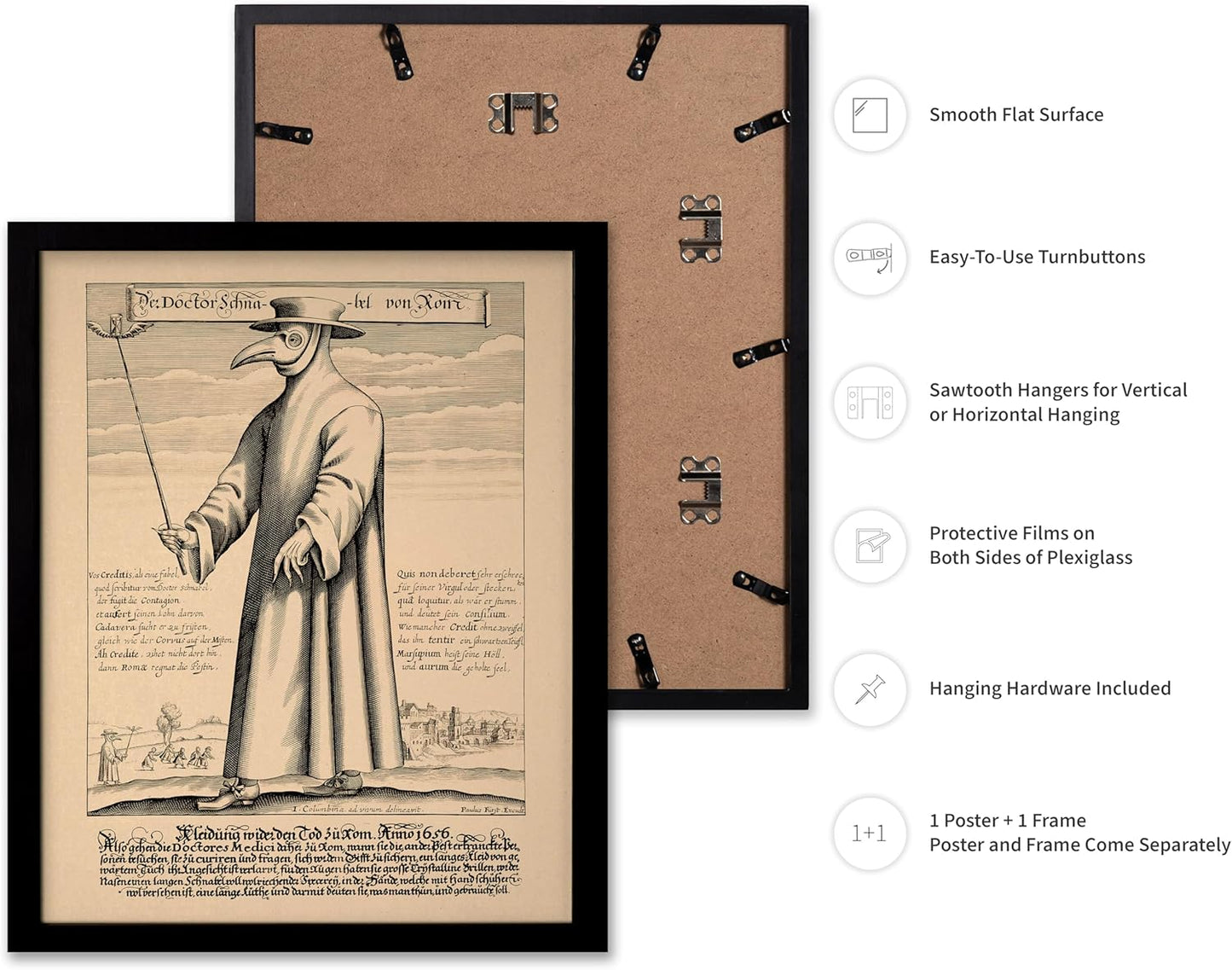 Poster Master Vintage Medieval Poster - Retro Illustration Print - Gift for Friend - Plague Doctor, Pandemic Mask, Physician, Black Death - Wall Decor for Home, Living Room, 16x20 Black Framed