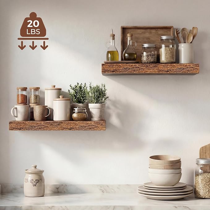 Dreamland 16 Inches Floating Shelves for Wall,9.3" Deep Long Floating Shelves Set of 2,Large Display & Storage Shelf,Wall Shelf for Bathroom Bedroom Living Room Kitchen Office,Rustic Brown