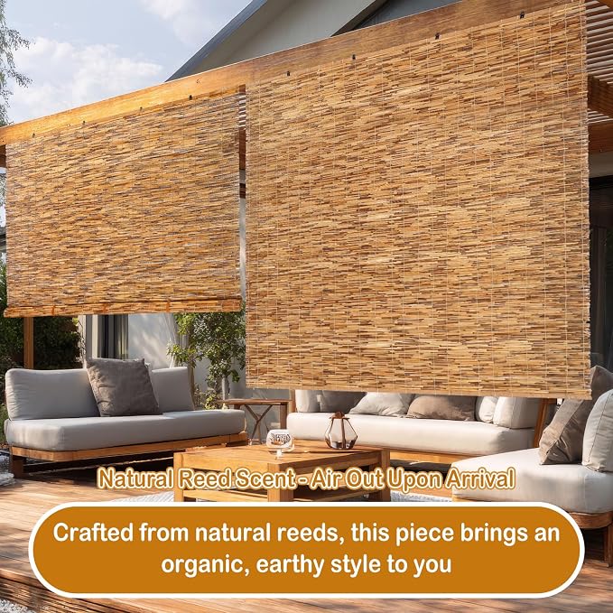 DoubleFill 2 Pcs Bamboo Shades Outdoor Reed Roll Up Blinds 84" W X 72" H Blackout Sunshade Cordless Bamboo Blinds for Home Porch, Patio & Windows Decor Shutters Sunlight Privacy Screen (Carbon Brown)